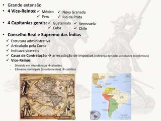• Grande extensão
• 4 Vice-Reinos:
• 4 Capitanias gerais:
• Conselho Real e Supremo das Índias
 México
 Peru
 Nova Granada
 Rio da Prata
 Guatemala
 Cuba
 Venezuela
 Chile
 Estrutura administrativa
 Articulado pela Coroa
 Indicava vice-reis
 Casas de Contratação  arrecadação de impostos (cobrança de todas atividades econômicas)
 Vice-Reinos
- Dividido em intendências  alcaides
- Câmaras municipais (ayuntamentos)  cabildos
 