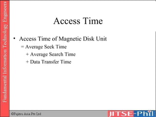 Access Time Access Time of Magnetic Disk Unit  = Average Seek Time + Average Search Time + Data Transfer Time 