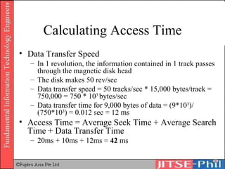 Calculating Access Time Data Transfer Speed In 1 revolution, the information contained in 1 track passes through the magnetic disk head The disk makes 50 rev/sec Data transfer speed = 50 tracks/sec * 15,000 bytes/track = 750,000 = 750 * 10 3  bytes/sec Data transfer time for 9,000 bytes of data = (9*10 3 )/(750*10 3 ) = 0.012 sec = 12 ms Access Time = Average Seek Time + Average Search Time + Data Transfer Time 20ms + 10ms + 12ms =  42  ms  