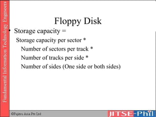 Floppy Disk Storage capacity =  Storage capacity per sector * Number of sectors per track * Number of tracks per side * Number of sides (One side or both sides) 