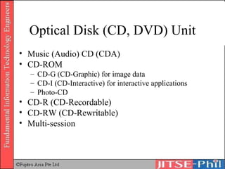 Optical Disk (CD, DVD) Unit Music (Audio) CD (CDA) CD-ROM CD-G (CD-Graphic) for image data CD-I (CD-Interactive) for interactive applications Photo-CD CD-R (CD-Recordable) CD-RW (CD-Rewritable) Multi-session 