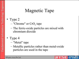 Magnetic Tape Type 2 "Chrome" or CrO 2  tape The ferric-oxide particles are mixed with chromium dioxide Type 4 "Metal" tape Metallic particles rather than metal-oxide particles are used in the tape 
