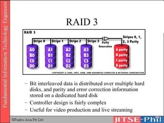 RAID 3 Bit interleaved data is distributed over multiple hard disks, and parity and error correction information stored on a dedicated hard disk Controller design is fairly complex Useful for video production and live streaming 