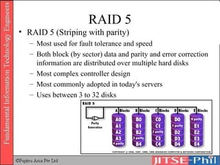 RAID 5 RAID 5 (Striping with parity) Most used for fault tolerance and speed Both block (by sector) data and parity and error correction information are distributed over multiple hard disks Most complex controller design Most commonly adopted in today's servers Uses between 3 to 32 disks 