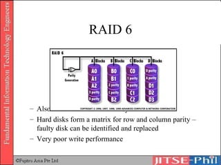 RAID 6 Also known as fault tolerant system Hard disks form a matrix for row and column parity – faulty disk can be identified and replaced Very poor write performance 