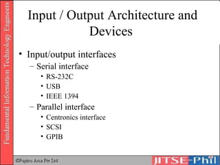 Input / Output Architecture and Devices Input/output interfaces Serial interface RS-232C USB IEEE 1394 Parallel interface Centronics interface SCSI GPIB 