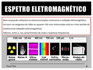 ESPETRO ELETROMAGNÉTICO
Nem só quando utilizamos as telecomunicações recorremos à radiação eletromagnética.
Ao ouvir um programa de rádio ou aquecer chá num micro-ondas está-se a tirar partido da
existência de radiações eletromagnéticas.
Diferem, entre si, nos comprimentos de onda e respetivas frequências.
8Daniela Pinto
 