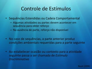 Controle de Estímulos
• Sequências Estendidas ou Cadeia Comportamental
– Algumas atividades ou partes devem acontecer em
sequência para obter reforço
– Na ausência de parte, reforço não disponível
• No caso de sequências, a parte anterior produz
condições ambientais requeridas para a parte seguinte
• Ao estabelecer ocasião ou contexto para a atividade
seguinte passa a ser chamada de Estímulo
Discriminativo
Baum (2006)
 