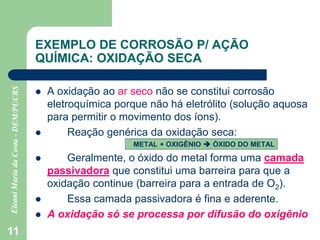 11
EXEMPLO DE CORROSÃO P/ AÇÃO
QUÍMICA: OXIDAÇÃO SECA
 A oxidação ao ar seco não se constitui corrosão
eletroquímica porque não há eletrólito (solução aquosa
para permitir o movimento dos íons).
 Reação genérica da oxidação seca:
METAL + OXIGÊNIO  ÓXIDO DO METAL
 Geralmente, o óxido do metal forma uma camada
passivadora que constitui uma barreira para que a
oxidação continue (barreira para a entrada de O2).
 Essa camada passivadora é fina e aderente.
 A oxidação só se processa por difusão do oxigênio
 