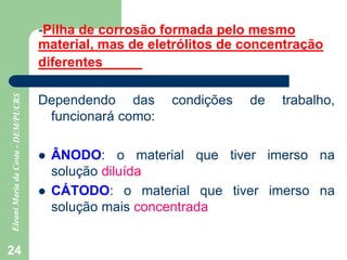 24
-Pilha de corrosão formada pelo mesmo
material, mas de eletrólitos de concentração
diferentes
Dependendo das condições de trabalho,
funcionará como:
 ÂNODO: o material que tiver imerso na
solução diluída
 CÁTODO: o material que tiver imerso na
solução mais concentrada
 