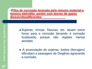 27
-Pilha de corrosão formada pelo mesmo material e
mesmo eletrólito, porém com teores de gases
dissolvidosdiferentes
 Sujeiras, trincas, fissuras, etc. atuam como
focos para a corrosão (levando à corrosão
localizada) porque são regiões menos
aeradas.
 A acumulação de sujeiras, óxidos (ferrugem)
dificultam a passagem de Oxigênio agravando
a corrosão.
 