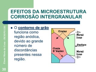 30
EFEITOS DA MICROESTRUTURA
CORROSÃO INTERGRANULAR
 O contorno de grão
funciona como
região anódica,
devido ao grande
número de
discordâncias
presentes nessa
região.
 
