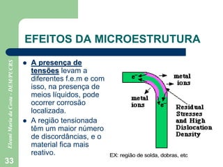 33
EFEITOS DA MICROESTRUTURA
 A presença de
tensões levam a
diferentes f.e.m e com
isso, na presença de
meios líquidos, pode
ocorrer corrosão
localizada.
 A região tensionada
têm um maior número
de discordâncias, e o
material fica mais
reativo. EX: região de solda, dobras, etc
 