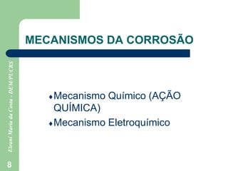 8
MECANISMOS DA CORROSÃO
Mecanismo Químico (AÇÃO
QUÍMICA)
Mecanismo Eletroquímico
 