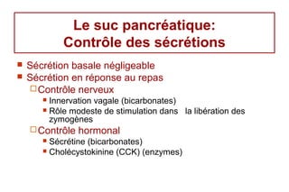 Le suc pancréatique:
            Contrôle des sécrétions
   Sécrétion basale négligeable
   Sécrétion en réponse au repas
     Contrôle nerveux
        Innervation vagale (bicarbonates)
        Rôle modeste de stimulation dans la libération des
         zymogènes
     Contrôle   hormonal
        Sécrétine (bicarbonates)
        Cholécystokinine (CCK) (enzymes)
 
