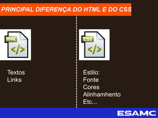 Textos
Links
Estilo:
Fonte
Cores
Alinhamhento
Etc...
PRINCIPAL DIFERENÇA DO HTML E DO CSS
 