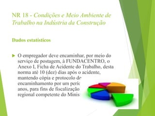 NR 18 - Condições e Meio Ambiente de
Trabalho na Indústria da Construção
Dados estatísticos
 O empregador deve encaminhar, por meio do
serviço de postagem, à FUNDACENTRO, o
Anexo I, Ficha de Acidente do Trabalho, desta
norma até 10 (dez) dias após o acidente,
mantendo cópia e protocolo de
encaminhamento por um período de 3 (três)
anos, para fins de fiscalização do órgão
regional competente do Ministério do Trabalho
 