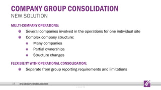COMPANY GROUP CONSOLIDATION

NEW SOLUTION

MULTI-COMPANY OPERATIONS:
Several companies involved in the operations for one individual site
Complex company structure:
Many companies
Partial ownerships
Structure changes
FLEXIBILITY WITH OPERATIONAL CONSOLIDATION:
Separate from group reporting requirements and limitations
15

IFS GROUP CONSOLIDATION
© 2013 IFS

 