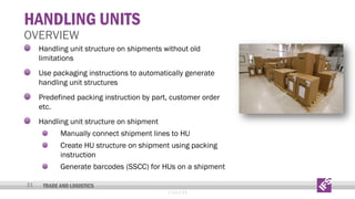 HANDLING UNITS

OVERVIEW

Handling unit structure on shipments without old
limitations
Use packaging instructions to automatically generate
handling unit structures
Predefined packing instruction by part, customer order
etc.
Handling unit structure on shipment
Manually connect shipment lines to HU
Create HU structure on shipment using packing
instruction
Generate barcodes (SSCC) for HUs on a shipment
21

TRADE AND LOGISTICS
© 2013 IFS

 