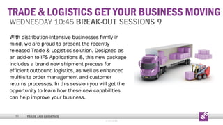 TRADE & LOGISTICS GET YOUR BUSINESS MOVING
WEDNESDAY 10:45 BREAK-OUT SESSIONS 9

With distribution-intensive businesses firmly in
mind, we are proud to present the recently
released Trade & Logistics solution. Designed as
an add-on to IFS Applications 8, this new package
includes a brand new shipment process for
efficient outbound logistics, as well as enhanced
multi-site order management and customer
returns processes. In this session you will get the
opportunity to learn how these new capabilities
can help improve your business.
31

TRADE AND LOGISTICS
© 2013 IFS

 