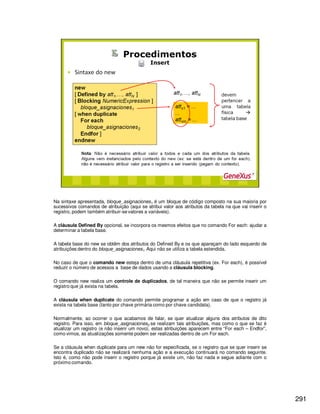 291
Na sintaxe apresentada, bloque_asignaciones1 é um bloque de código composto na sua maioria por
sucessivos comandos de atribuição (aqui se atribui valor aos atributos da tabela na que vai inserir o
registro, podem também atribuir-se valores a variáveis).
A cláusula Defined By opcional, se incorpora os mesmos efeitos que no comando For each: ajudar a
determinar a tabela base.
A tabela base do new se obtêm dos atributos do Defined By e os que apareçam do lado esquerdo de
atribuições dentro do bloque_asignaciones1. Aqui não se utiliza a tabela estendida.
No caso de que o comando new esteja dentro de uma cláusula repetitiva (ex. For each), é possível
reduzir o número de acessos a base de dados usando a cláusula blocking.
O comando new realiza um controle de duplicados, de tal maneira que não se permite inserir um
registro que já exista na tabela.
A cláusula when duplicate do comando permite programar a ação em caso de que o registro já
exista na tabela base (tanto por chave primária como por chave candidata).
Normalmente, ao ocorrer o que acabamos de falar, se quer atualizar alguns dos atributos de dito
registro. Para isso, em bloque_asignaciones2 se realizam tais atribuições, mas como o que se faz é
atualizar um registro (e não inserir um novo), estas atribuições aparecem entre “For each – Endfor”,
como vimos, as atualizações somente podem ser realizadas dentro de um For each.
Se a cláusula when duplicate para um new não for especificada, se o registro que se quer inserir se
encontra duplicado não se realizará nenhuma ação e a execução continuará no comando seguinte.
Isto é, como não pode inserir o registro porque já existe um, não faz nada e segue adiante com o
próximo comando.
 