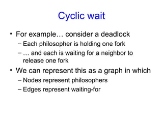 Cyclic wait
• For example… consider a deadlock
– Each philosopher is holding one fork
– … and each is waiting for a neighbor to
release one fork
• We can represent this as a graph in which
– Nodes represent philosophers
– Edges represent waiting-for
 