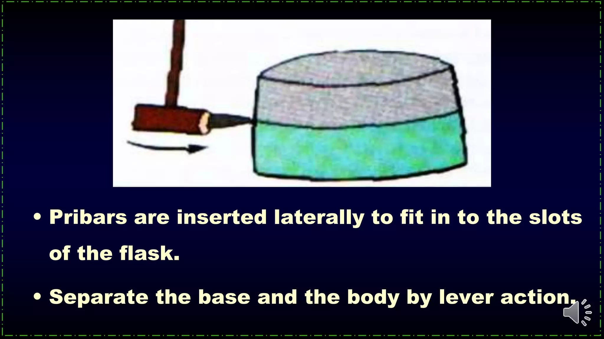 • Pribars are inserted laterally to fit in to the slots
of the flask.
• Separate the base and the body by lever action.
 
