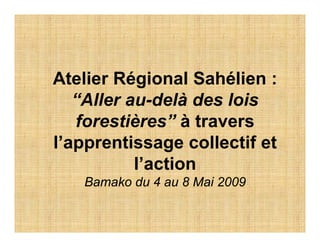 Atelier Régional Sahélien :
   “Aller au-delà des lois
   forestières” à travers
l’apprentissage collectif et
           l’action
   Bamako du 4 au 8 Mai 2009
 