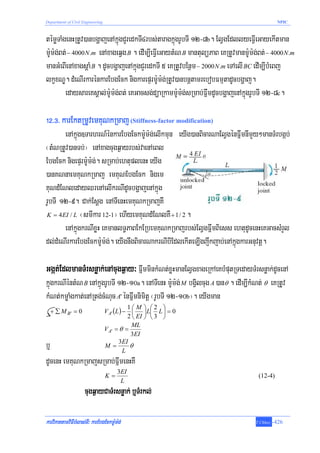 Department of Civil Engineering                                                               NPIC



témøTaMgenHRtUv)anbgðajenAkñúgCYredkTI4rbs;taragkñúgrUbTI 12-8b. ElVgEdllyeFVIeGayekItman
m:Um:g;Bt; − 4000 N.m enAxageqVg B . edIm,IeFVIeGaytMN B mantulüPaB eKRtUvmanm:Um:g;Bt; − 4000 N.m
manGMeBIenAxagsþaM B . dUcbgðajenAkñúgCYredkTI 5 eKRtUvbEnßm − 2000 N.m eTAelI BC edIm,IbMeBj
lkçxNÐ. dMeNIrkarénkarEbgEck nigkarepÞrm:Um:g;RtUv)anbnþtamrebobFmμtadUcbgðaj.
         edaysareKsÁal;m:Um:g;Bt; eKGacsg;düaRkamm:Um:g;sRmab;FñwmdUcbgðajenAkñúgrUbTI 12-8c.

!@>#> karEktRmUvemKuNkRmaj (Stiffness-factor modification)
        enAkñúg]TarhrN_énkarEbgEckm:Um:g;elIkmun eyIg)anBicarNaElVgénFñwmnImYy²manTMrbgáb;
¬tMNRtUv)anTb;¦ enAxagcugq¶ayrbs;vaenAeBl
EbgEck nigepÞrm:Um:g;. sRmab;ehtuplenH eyIg
)anKNnaemKuNkRmaj emKuNEbgEck nigem
KuNdMENledayQrenAelIkrNIdUcbgðajenAkñúg
rUbTI 12-9. Cak;Esþg enATIenHemKuNkRmajKW
 K = 4 EI / L ¬smIkar 12-1¦ ehIyemKuNdMENlKW + 1 / 2 .

        enAkñúgkrNIxøH eKmanlT§PaBEkERbemKuNkRmajrbs;ElVgFñwmBiess ehtudUcenHeKGacsMrYl
dl;dMeNIrkarEbgEckm:Um:g;. eyIgnwgBicarNakrNIbIEdlekIteLIgjwkjab;enAkñúgkarGnuvtþ.

Ggát;EdlmanTMrsnøak;enAcugq¶ay³ FñwmminkMNt;xøHmanElVgxageRkAeKbMputRTedayTMrsnøak;dUcenA
kñúgkrNIéntMN B enAkñúgrUbTI 12-10a. enATIenH m:Um:g; M bgVilcug A )an θ . edIm,IkMNt; θ eKRtUv
kMNt;kmøaMgkat;enARtg;cMNuc A' énFñwmnimitþ ¬rUbTI 12-10b¦. eyIgman
                                                1⎛ M ⎞ ⎛2 ⎞
  + ∑ M B' = 0                    V A ' ( L ) − ⎜ ⎟ L⎜ L ⎟ = 0
                                                2 ⎝ EI ⎠ ⎝ 3 ⎠
                                                  ML
                                  V A' = θ =
                                                 3EI
b¤                                M =
                                           3EI
                                              L
                                                 θ

dUcenH emKuNkRmajsRmab;FñwmenHKW
                                       3EI
                                  K=                                                (12-4)
                                        L
                     cugq¶ayCaTMrsnøak; b¤TMrkl;

karviPaKtamviFIbMlas;TI³ karEbgEckm:Um:g;                                          T.Chhay   -426
 