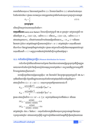 Department of Civil Engineering                                                             NPIC



eKGacminKitemKuN 4E EdlmanenAkñúgsmIkar 12-1 BIPaKykénsmIkar 12-2 enAeBlkMNt;emKuN
EbgEcksMrab;tMN. dUcenH eKmanlkçN³gayRsYledayRKan;EtkMNt;emKuNkRmajeFobrbs;Ggát;
                              I
                     KR =                                                          (12-3)
                              L
                cugbgáb;q¶ay
ehIyeRbIvasRmab;KNnaemKuNEbgEck.
emKuNdMENl (carry-over factor)³ BicarNaFñwmenAkñúgrUbTI 12-3 mþgeTot. enAkñúgemeronTI 11
eyIgeXIjfa M AB = (4EI / L)θ A ¬smIkar 11-1¦ ehIy M BA = (2EI / L)θ A ¬smIkar 11-2¦.
edayedaHRsayrk θ A ehIydak;eGaysmIkarTaMgenHesμIKñaeyIg)an M BA = M AB / 2 . eyIgGac
niyayfa m:Um:g; M enARtg;TMrsnøak;eFVIeGaymanm:Um:g; M ' = M / 2 enARtg;CBa¢aMg. emKuNdMENlCa
cMENkén M EdlRtUv)anepÞrBIsnøak;eTACBa¢aMg. dUcenH enAkñúgkrNIrbs;FñwmEdlmancugq¶ayCaTMrbgáb;
emKuNdMENlKW + 1 / 2 . sBaØabUkmann½yfam:Um:g;TaMgBIreFVIkarkñúgTisedAdUcKña.

!@>@> karEbgEckm:Um:g;sRmab;Fñwm (Moment distribution for beams)
       karEbkEckm:Um:g;KWQrelIeKalkarN_Rsay nigTb;tMNrbs;rcnasm<½n§bnþbnÞab;KñaedIm,IGnuBaØat
eGaymankarEbgEckm:Um:g; nigeFVIeGaym:Um:g;mantulüPaBenARtg;tMN. meFüa)ayd¾l¥kñúgkarBnül;viFI
KWkarBnül;edayeRbI]TahrN_.
      eKmanFñwmmYyEdlmanm:UDuleGLasÞic E efr nigmanTMhM nigbnÞúkdUcbgðajenAkñúgrUbTI 12-6a.
munnwgeyIgcab;epþIm dMbUgeyIgRtUvKNnaemKuNEbgEckenARtg;cugTaMgBIrrbs;ElVgnImYy².
edayeRbIsmIkar 12-1 ¬ K = 4EI / L ¦ emKuNkRmajenAEpñksgxagrbs; B KW
               4 E (120)( 6 )
                                = 4 E (40)( 6 )mm 4 / m
                          10
        K BA =                             10
                       3
               4 E (240 )(10 6 )
        K BC =                   = 4 E (60)(106 )mm 4 / m
                              4
dUcenH edayeRbIsmIkar 12-2 DF = K / ∑ K sRmab;cugEdltP¢ab;eTAniwgtMN B eyIg)an
                            4 E (40)
           DFBA =                          = 0.4
                      4 E (40) + 4 E (60 )
                            4 E (60)
           DFBC     =                       = 0.6
                      4 E (40 ) + 4 E (60)
enARtg;CBa¢aMg ¬tMN A nigtMN C ¦ emKuNEbgEckGaRs½ynwgemKuNkRmajrbs;Ggát; nigemKuN
kRmajrbs;CBa¢aMg. edaysarenAkñúgRTwsþI eKRtUvkarm:Um:g;EdlmanTMhMGnnþedIm,IbgVilCBa¢aMgeGay)an
karviPaKtamviFIbMlas;TI³ karEbgEckm:Um:g;                                        T.Chhay   -418
 