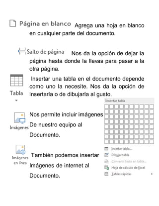 Agrega una hoja en blanco
en cualquier parte del documento.
B Nos da la opción de dejar la
página hasta donde la llevas para pasar a la
otra página.
Insertar una tabla en el documento depende
como uno la necesite. Nos da la opción de
insertarla o de dibujarla al gusto.
Nos permite incluir imágenes
De nuestro equipo al
Documento.
También podemos insertar
Imágenes de internet al
Documento.
 