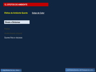 12. EFEITOS DO AMBIENTE


  Efeitos do Ambiente Quente        Golpe de Calor



    Sinais e Sintomas


  Palidez

  Arrefecimento corporal

  Suores frios e viscosos




Jorge Almeida, Prof. Adj. - ESALD                    UC Primeiros Socorros – CET Protecção Civil - 2012
 