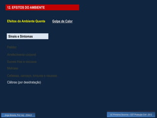 12. EFEITOS DO AMBIENTE


  Efeitos do Ambiente Quente        Golpe de Calor



    Sinais e Sintomas


  Palidez

  Arrefecimento corporal

  Suores frios e viscosos
  Midríase

  Cefaleias, cansaço, tonturas e náuseas
  Cãibras (por desidratação)




Jorge Almeida, Prof. Adj. - ESALD                    UC Primeiros Socorros – CET Protecção Civil - 2012
 