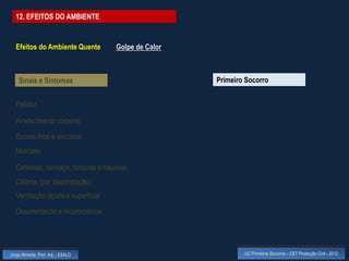 12. EFEITOS DO AMBIENTE


  Efeitos do Ambiente Quente        Golpe de Calor



    Sinais e Sintomas                                Primeiro Socorro


  Palidez

  Arrefecimento corporal

  Suores frios e viscosos
  Midríase

  Cefaleias, cansaço, tonturas e náuseas
  Cãibras (por desidratação)
  Ventilação rápida e superficial

  Desorientação e inconsciência




Jorge Almeida, Prof. Adj. - ESALD                            UC Primeiros Socorros – CET Protecção Civil - 2012
 