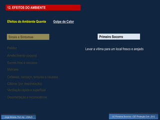 12. EFEITOS DO AMBIENTE


  Efeitos do Ambiente Quente        Golpe de Calor



    Sinais e Sintomas                                          Primeiro Socorro


  Palidez                                            Levar a vítima para um local fresco e arejado
  Arrefecimento corporal

  Suores frios e viscosos
  Midríase

  Cefaleias, cansaço, tonturas e náuseas
  Cãibras (por desidratação)
  Ventilação rápida e superficial

  Desorientação e inconsciência




Jorge Almeida, Prof. Adj. - ESALD                                        UC Primeiros Socorros – CET Protecção Civil - 2012
 