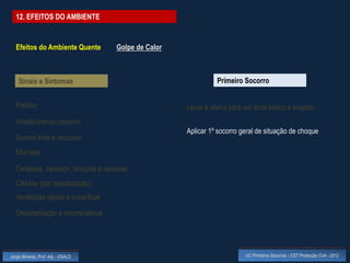 12. EFEITOS DO AMBIENTE


  Efeitos do Ambiente Quente        Golpe de Calor



    Sinais e Sintomas                                          Primeiro Socorro


  Palidez                                            Levar a vítima para um local fresco e arejado
  Arrefecimento corporal
                                                     Aplicar 1º socorro geral de situação de choque
  Suores frios e viscosos
  Midríase

  Cefaleias, cansaço, tonturas e náuseas
  Cãibras (por desidratação)
  Ventilação rápida e superficial

  Desorientação e inconsciência




Jorge Almeida, Prof. Adj. - ESALD                                        UC Primeiros Socorros – CET Protecção Civil - 2012
 