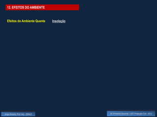 12. EFEITOS DO AMBIENTE


  Efeitos do Ambiente Quente        Insolação




Jorge Almeida, Prof. Adj. - ESALD               UC Primeiros Socorros – CET Protecção Civil - 2012
 