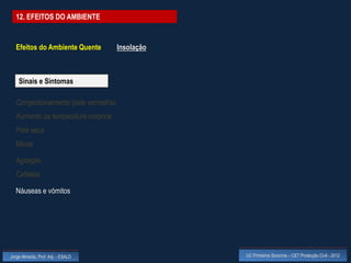 12. EFEITOS DO AMBIENTE


  Efeitos do Ambiente Quente          Insolação



    Sinais e Sintomas

   Congestionamento (pele vermelha)
   Aumento da temperatura corporal
   Pele seca
  Miose

  Agitação
   Cefaleia

  Náuseas e vómitos




Jorge Almeida, Prof. Adj. - ESALD                 UC Primeiros Socorros – CET Protecção Civil - 2012
 