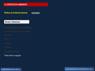 12. EFEITOS DO AMBIENTE


  Efeitos do Ambiente Quente          Insolação



    Sinais e Sintomas

   Congestionamento (pele vermelha)
   Aumento da temperatura corporal
   Pele seca
  Miose

  Agitação
   Cefaleia

  Náuseas e vómitos
   Pulso forte e irregular




Jorge Almeida, Prof. Adj. - ESALD                 UC Primeiros Socorros – CET Protecção Civil - 2012
 