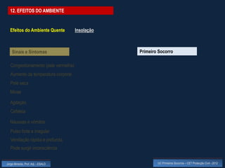 12. EFEITOS DO AMBIENTE


  Efeitos do Ambiente Quente          Insolação



    Sinais e Sintomas                             Primeiro Socorro

   Congestionamento (pele vermelha)
   Aumento da temperatura corporal
   Pele seca
  Miose

  Agitação
   Cefaleia

  Náuseas e vómitos
   Pulso forte e irregular
   Ventilação rápida e profunda
   Pode surgir inconsciência


Jorge Almeida, Prof. Adj. - ESALD                         UC Primeiros Socorros – CET Protecção Civil - 2012
 