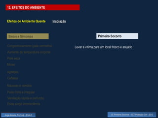 12. EFEITOS DO AMBIENTE


  Efeitos do Ambiente Quente          Insolação



    Sinais e Sintomas                                               Primeiro Socorro

   Congestionamento (pele vermelha)               Levar a vítima para um local fresco e arejado
   Aumento da temperatura corporal
   Pele seca
  Miose

  Agitação
   Cefaleia

  Náuseas e vómitos
   Pulso forte e irregular
   Ventilação rápida e profunda
   Pode surgir inconsciência


Jorge Almeida, Prof. Adj. - ESALD                                             UC Primeiros Socorros – CET Protecção Civil - 2012
 