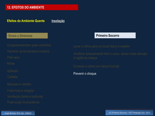 12. EFEITOS DO AMBIENTE


  Efeitos do Ambiente Quente          Insolação



    Sinais e Sintomas                                               Primeiro Socorro

   Congestionamento (pele vermelha)               Levar a vítima para um local fresco e arejado
   Aumento da temperatura corporal
                                                  Arrefecer gradualmente todo o corpo, dando maior atenção
   Pele seca                                      à região da cabeça
  Miose
                                                  Envolver a vítima num lençol húmido
  Agitação
                                                  Prevenir o choque
   Cefaleia

  Náuseas e vómitos
   Pulso forte e irregular
   Ventilação rápida e profunda
   Pode surgir inconsciência


Jorge Almeida, Prof. Adj. - ESALD                                             UC Primeiros Socorros – CET Protecção Civil - 2012
 