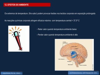12. EFEITOS DO AMBIENTE


  Os extremos de temperatura (frio-calor) podem provocar lesões nos tecidos corporais em exposição prolongada


  As reacções químicas corporais atingem eficácia máxima com temperatura central = 37,5º C


                                        - Reter calor quando temperatura ambiente baixa

                                        - Perder calor quando temperatura ambiente é alta




Jorge Almeida, Prof. Adj. - ESALD                                               UC Primeiros Socorros – CET Protecção Civil - 2012
 
