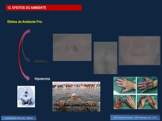 12. EFEITOS DO AMBIENTE


  Efeitos do Ambiente Frio




                                    Geladura



                                    Hipotermia




Jorge Almeida, Prof. Adj. - ESALD                UC Primeiros Socorros – CET Protecção Civil - 2012
 