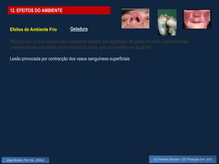 12. EFEITOS DO AMBIENTE


  Efeitos do Ambiente Frio          Geladura

  Situação em que os tecidos são localmente lesados por exposição de partes do corpo (extremidades)
  a temperaturas ambientais muito reduzidas (neve, gelo ou imersão em água fria)

  Lesão provocada por contracção dos vasos sanguíneos superficiais




Jorge Almeida, Prof. Adj. - ESALD                                              UC Primeiros Socorros – CET Protecção Civil - 2012
 