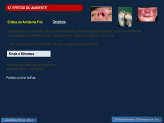 12. EFEITOS DO AMBIENTE


  Efeitos do Ambiente Frio          Geladura

  Situação em que os tecidos são localmente lesados por exposição de partes do corpo (extremidades)
  a temperaturas ambientais muito reduzidas (neve, gelo ou imersão em água fria)

  Lesão provocada por contracção dos vasos sanguíneos superficiais

    Sinais e Sintomas

 As áreas afectadas tornam-se pálidas,
 esbranquiçadas, cianosadas

 Podem ocorrer bolhas




Jorge Almeida, Prof. Adj. - ESALD                                              UC Primeiros Socorros – CET Protecção Civil - 2012
 