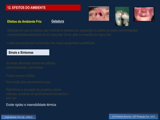 12. EFEITOS DO AMBIENTE


  Efeitos do Ambiente Frio           Geladura

  Situação em que os tecidos são localmente lesados por exposição de partes do corpo (extremidades)
  a temperaturas ambientais muito reduzidas (neve, gelo ou imersão em água fria)

  Lesão provocada por contracção dos vasos sanguíneos superficiais

    Sinais e Sintomas

 As áreas afectadas tornam-se pálidas,
 esbranquiçadas, cianosadas

 Podem ocorrer bolhas
 Diminuição dos movimentos locais

 Referência a sensação de picadas e dores
 intensas, tornando-se gradualmente dormente e
 sem dor
 Existe rigidez e insensibilidade térmica


Jorge Almeida, Prof. Adj. - ESALD                                              UC Primeiros Socorros – CET Protecção Civil - 2012
 