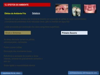 12. EFEITOS DO AMBIENTE


  Efeitos do Ambiente Frio           Geladura

  Situação em que os tecidos são localmente lesados por exposição de partes do corpo (extremidades)
  a temperaturas ambientais muito reduzidas (neve, gelo ou imersão em água fria)

  Lesão provocada por contracção dos vasos sanguíneos superficiais

    Sinais e Sintomas                                                 Primeiro Socorro

 As áreas afectadas tornam-se pálidas,
 esbranquiçadas, cianosadas

 Podem ocorrer bolhas
 Diminuição dos movimentos locais

 Referência a sensação de picadas e dores
 intensas, tornando-se gradualmente dormente e
 sem dor
 Existe rigidez e insensibilidade térmica


Jorge Almeida, Prof. Adj. - ESALD                                              UC Primeiros Socorros – CET Protecção Civil - 2012
 