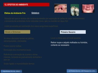12. EFEITOS DO AMBIENTE


  Efeitos do Ambiente Frio           Geladura

  Situação em que os tecidos são localmente lesados por exposição de partes do corpo (extremidades)
  a temperaturas ambientais muito reduzidas (neve, gelo ou imersão em água fria)

  Lesão provocada por contracção dos vasos sanguíneos superficiais

    Sinais e Sintomas                                                 Primeiro Socorro

 As áreas afectadas tornam-se pálidas,                    Levar a vítima para um local aquecido
 esbranquiçadas, cianosadas
                                                          Retirar roupa e calçado molhados ou húmidos,
 Podem ocorrer bolhas                                     cortando se necessário

 Diminuição dos movimentos locais

 Referência a sensação de picadas e dores
 intensas, tornando-se gradualmente dormente e
 sem dor
 Existe rigidez e insensibilidade térmica


Jorge Almeida, Prof. Adj. - ESALD                                               UC Primeiros Socorros – CET Protecção Civil - 2012
 