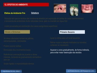 12. EFEITOS DO AMBIENTE


  Efeitos do Ambiente Frio           Geladura

  Situação em que os tecidos são localmente lesados por exposição de partes do corpo (extremidades)
  a temperaturas ambientais muito reduzidas (neve, gelo ou imersão em água fria)

  Lesão provocada por contracção dos vasos sanguíneos superficiais

    Sinais e Sintomas                                                 Primeiro Socorro

 As áreas afectadas tornam-se pálidas,                    Levar a vítima para um local aquecido
 esbranquiçadas, cianosadas
                                                          Retirar roupa e calçado molhados ou húmidos,
 Podem ocorrer bolhas                                     cortando se necessário

 Diminuição dos movimentos locais                         Aquecer a zona gradualmente, de forma indirecta,
                                                          para evitar maior destruição dos tecidos
 Referência a sensação de picadas e dores
 intensas, tornando-se gradualmente dormente e
 sem dor
 Existe rigidez e insensibilidade térmica


Jorge Almeida, Prof. Adj. - ESALD                                               UC Primeiros Socorros – CET Protecção Civil - 2012
 